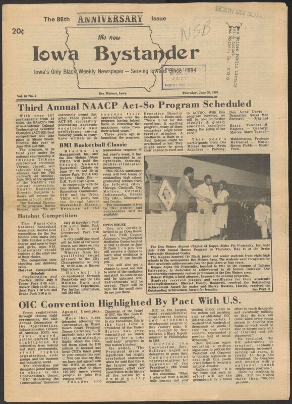 Iowa’s Bystander newspaper (going by various titles throughout the years) was established in Des Moines, Iowa in 1894. The weekly newspaper served as the voice of Iowa’s African American community and covered a variety of local, national, and occasionally international matters. Topics focused on the Black community and was founded with this intent. The newspaper went by various titles throughout the years including: Iowa State Bystander, Iowa Bystander, The Bystander, and The New Iowa Bystander.