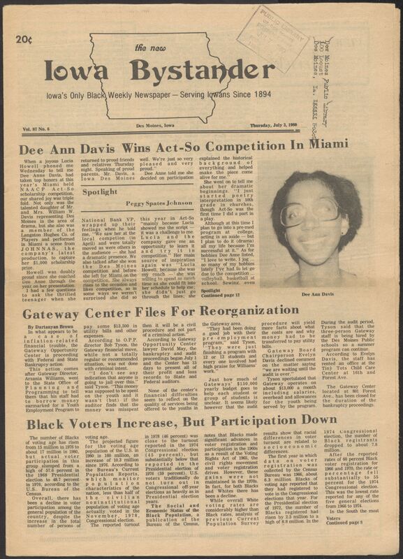 Iowa’s Bystander newspaper (going by various titles throughout the years) was established in Des Moines, Iowa in 1894. The weekly newspaper served as the voice of Iowa’s African American community and covered a variety of local, national, and occasionally international matters. Topics focused on the Black community and was founded with this intent. The newspaper went by various titles throughout the years including: Iowa State Bystander, Iowa Bystander, The Bystander, and The New Iowa Bystander.