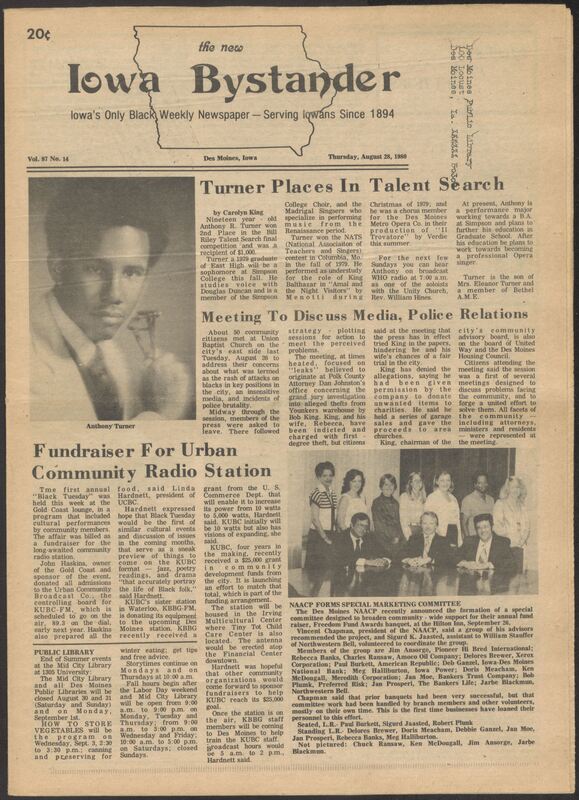 Iowa’s Bystander newspaper (going by various titles throughout the years) was established in Des Moines, Iowa in 1894. The weekly newspaper served as the voice of Iowa’s African American community and covered a variety of local, national, and occasionally international matters. Topics focused on the Black community and was founded with this intent. The newspaper went by various titles throughout the years including: Iowa State Bystander, Iowa Bystander, The Bystander, and The New Iowa Bystander.