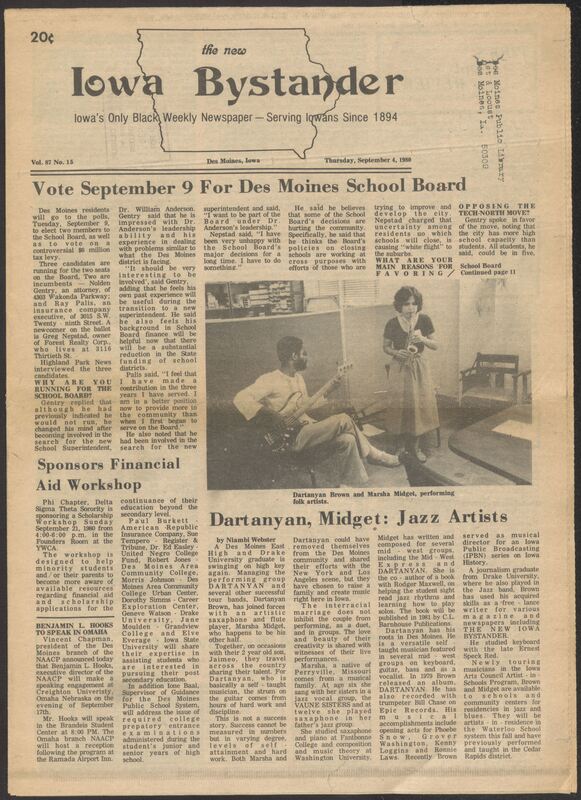 Iowa’s Bystander newspaper (going by various titles throughout the years) was established in Des Moines, Iowa in 1894. The weekly newspaper served as the voice of Iowa’s African American community and covered a variety of local, national, and occasionally international matters. Topics focused on the Black community and was founded with this intent. The newspaper went by various titles throughout the years including: Iowa State Bystander, Iowa Bystander, The Bystander, and The New Iowa Bystander.
