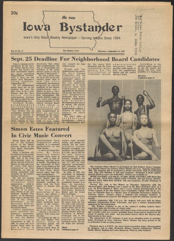 Iowa’s Bystander newspaper (going by various titles throughout the years) was established in Des Moines, Iowa in 1894. The weekly newspaper served as the voice of Iowa’s African American community and covered a variety of local, national, and occasionally international matters. Topics focused on the Black community and was founded with this intent. The newspaper went by various titles throughout the years including: Iowa State Bystander, Iowa Bystander, The Bystander, and The New Iowa Bystander.