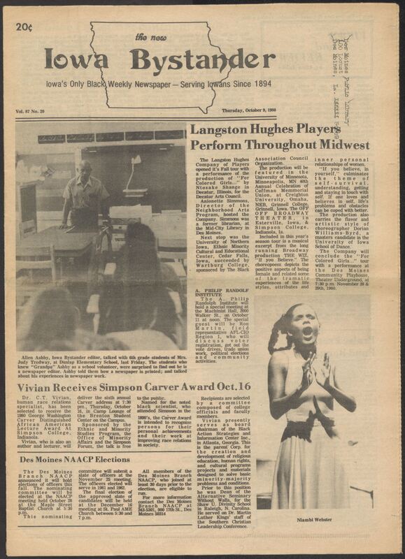 Iowa’s Bystander newspaper (going by various titles throughout the years) was established in Des Moines, Iowa in 1894. The weekly newspaper served as the voice of Iowa’s African American community and covered a variety of local, national, and occasionally international matters. Topics focused on the Black community and was founded with this intent. The newspaper went by various titles throughout the years including: Iowa State Bystander, Iowa Bystander, The Bystander, and The New Iowa Bystander.