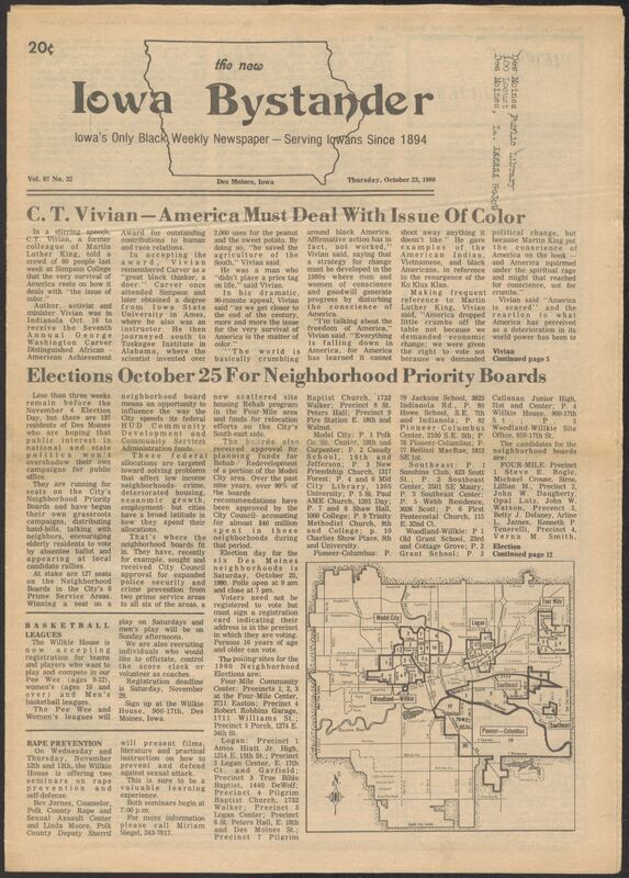 Iowa’s Bystander newspaper (going by various titles throughout the years) was established in Des Moines, Iowa in 1894. The weekly newspaper served as the voice of Iowa’s African American community and covered a variety of local, national, and occasionally international matters. Topics focused on the Black community and was founded with this intent. The newspaper went by various titles throughout the years including: Iowa State Bystander, Iowa Bystander, The Bystander, and The New Iowa Bystander.
