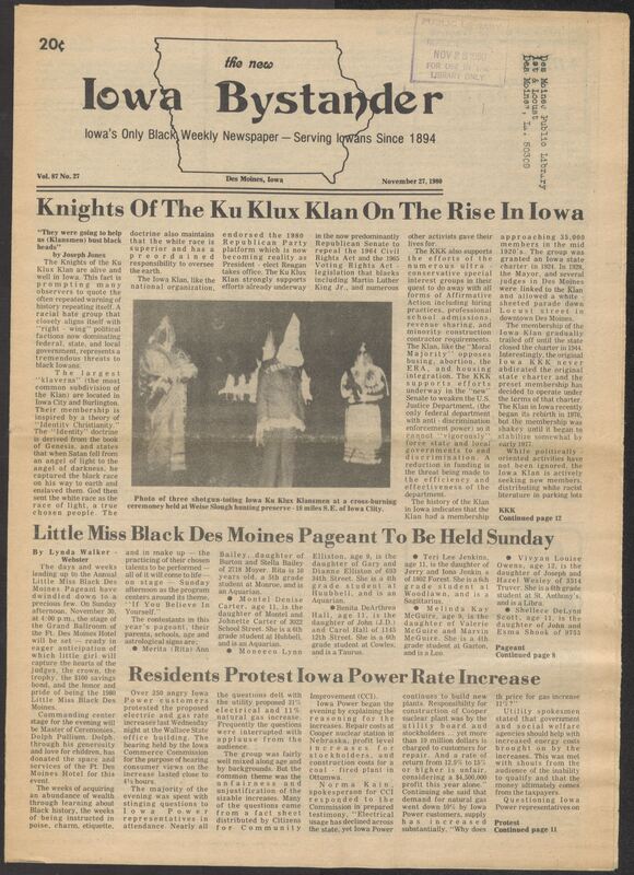 Iowa’s Bystander newspaper (going by various titles throughout the years) was established in Des Moines, Iowa in 1894. The weekly newspaper served as the voice of Iowa’s African American community and covered a variety of local, national, and occasionally international matters. Topics focused on the Black community and was founded with this intent. The newspaper went by various titles throughout the years including: Iowa State Bystander, Iowa Bystander, The Bystander, and The New Iowa Bystander.