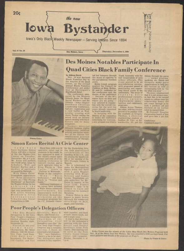 Iowa’s Bystander newspaper (going by various titles throughout the years) was established in Des Moines, Iowa in 1894. The weekly newspaper served as the voice of Iowa’s African American community and covered a variety of local, national, and occasionally international matters. Topics focused on the Black community and was founded with this intent. The newspaper went by various titles throughout the years including: Iowa State Bystander, Iowa Bystander, The Bystander, and The New Iowa Bystander.
