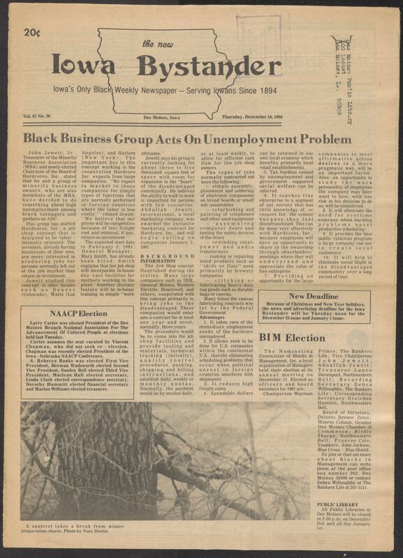 Iowa’s Bystander newspaper (going by various titles throughout the years) was established in Des Moines, Iowa in 1894. The weekly newspaper served as the voice of Iowa’s African American community and covered a variety of local, national, and occasionally international matters. Topics focused on the Black community and was founded with this intent. The newspaper went by various titles throughout the years including: Iowa State Bystander, Iowa Bystander, The Bystander, and The New Iowa Bystander.