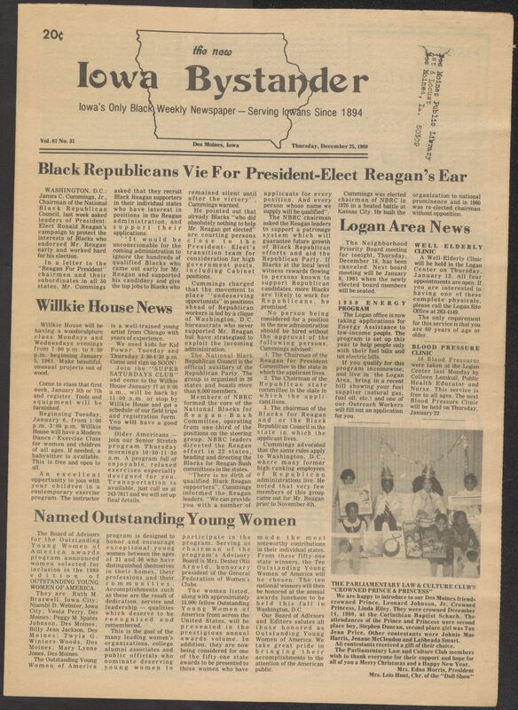 Iowa’s Bystander newspaper (going by various titles throughout the years) was established in Des Moines, Iowa in 1894. The weekly newspaper served as the voice of Iowa’s African American community and covered a variety of local, national, and occasionally international matters. Topics focused on the Black community and was founded with this intent. The newspaper went by various titles throughout the years including: Iowa State Bystander, Iowa Bystander, The Bystander, and The New Iowa Bystander.