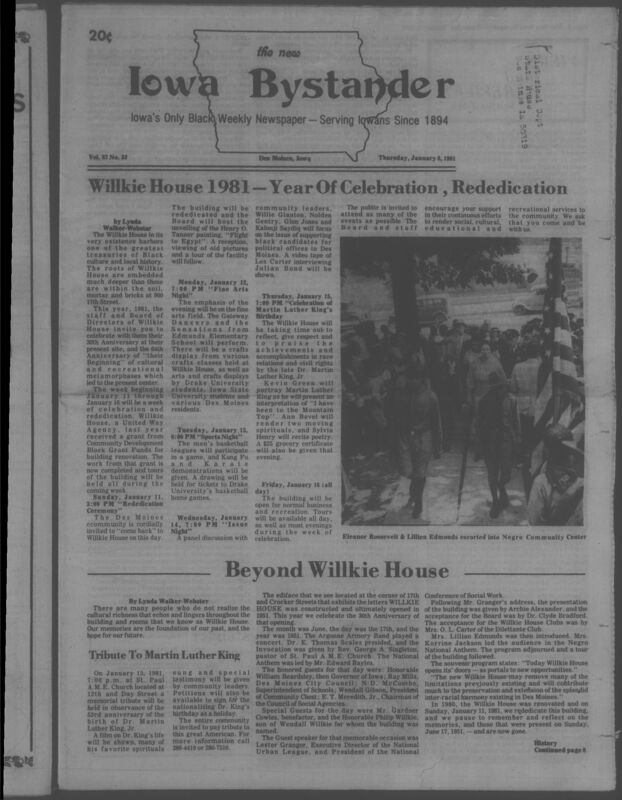 Iowa’s Bystander newspaper (going by various titles throughout the years) was established in Des Moines, Iowa in 1894. The weekly newspaper served as the voice of Iowa’s African American community and covered a variety of local, national, and occasionally international matters. Topics focused on the Black community and was founded with this intent. The newspaper went by various titles throughout the years including: Iowa State Bystander, Iowa Bystander, The Bystander, and The New Iowa Bystander.