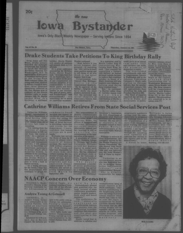 Iowa’s Bystander newspaper (going by various titles throughout the years) was established in Des Moines, Iowa in 1894. The weekly newspaper served as the voice of Iowa’s African American community and covered a variety of local, national, and occasionally international matters. Topics focused on the Black community and was founded with this intent. The newspaper went by various titles throughout the years including: Iowa State Bystander, Iowa Bystander, The Bystander, and The New Iowa Bystander.
