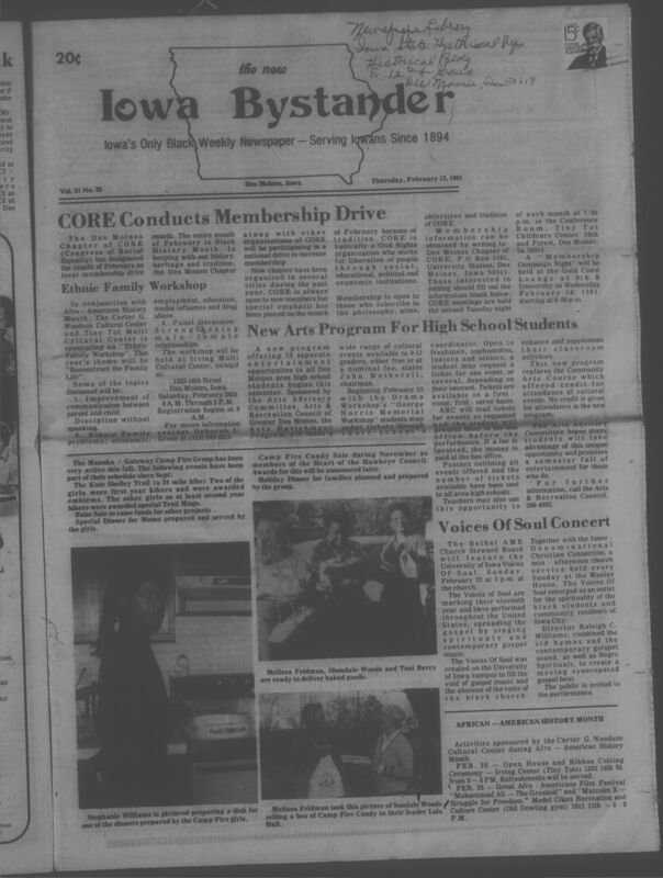 Iowa’s Bystander newspaper (going by various titles throughout the years) was established in Des Moines, Iowa in 1894. The weekly newspaper served as the voice of Iowa’s African American community and covered a variety of local, national, and occasionally international matters. Topics focused on the Black community and was founded with this intent. The newspaper went by various titles throughout the years including: Iowa State Bystander, Iowa Bystander, The Bystander, and The New Iowa Bystander.