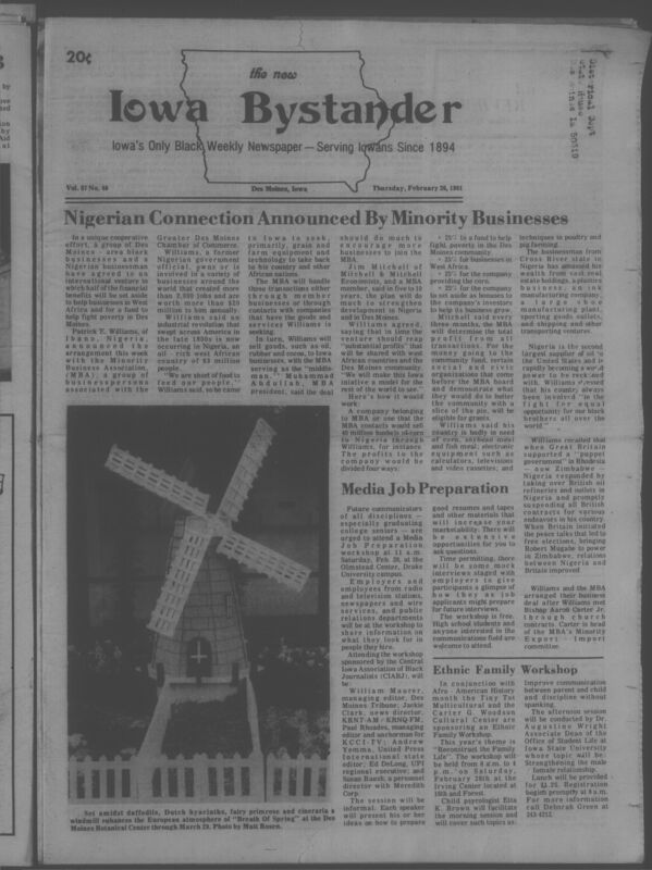Iowa’s Bystander newspaper (going by various titles throughout the years) was established in Des Moines, Iowa in 1894. The weekly newspaper served as the voice of Iowa’s African American community and covered a variety of local, national, and occasionally international matters. Topics focused on the Black community and was founded with this intent. The newspaper went by various titles throughout the years including: Iowa State Bystander, Iowa Bystander, The Bystander, and The New Iowa Bystander.