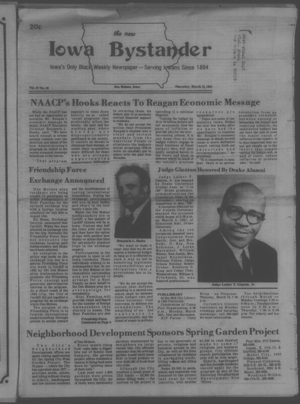 Iowa’s Bystander newspaper (going by various titles throughout the years) was established in Des Moines, Iowa in 1894. The weekly newspaper served as the voice of Iowa’s African American community and covered a variety of local, national, and occasionally international matters. Topics focused on the Black community and was founded with this intent. The newspaper went by various titles throughout the years including: Iowa State Bystander, Iowa Bystander, The Bystander, and The New Iowa Bystander.