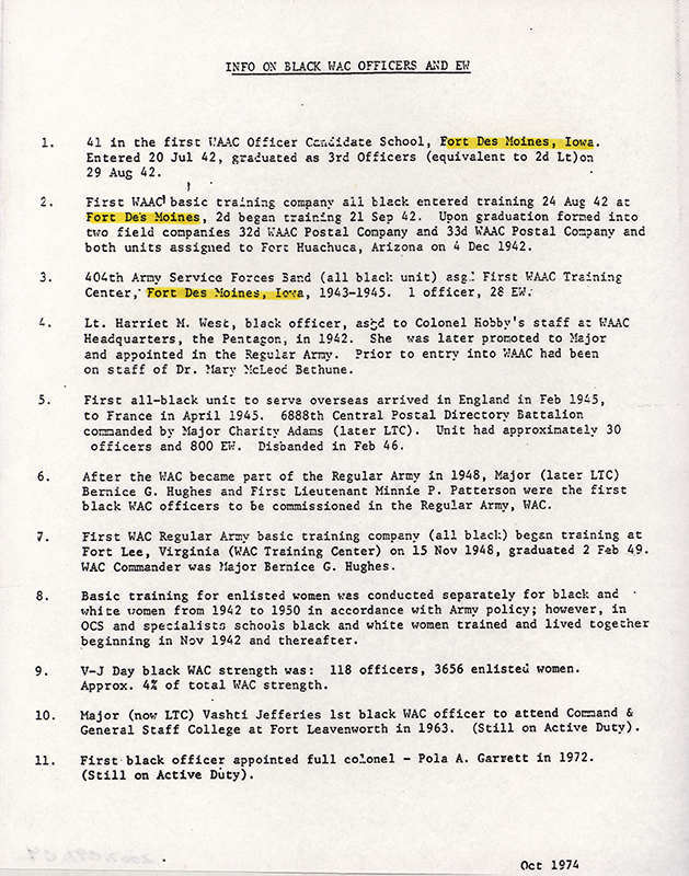One-page document on Black WAC officers at Fort Des Moines in Iowa.