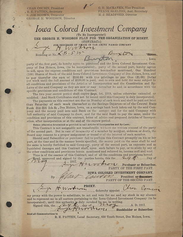 Stock certificates for Iowa Colored Investment Company.