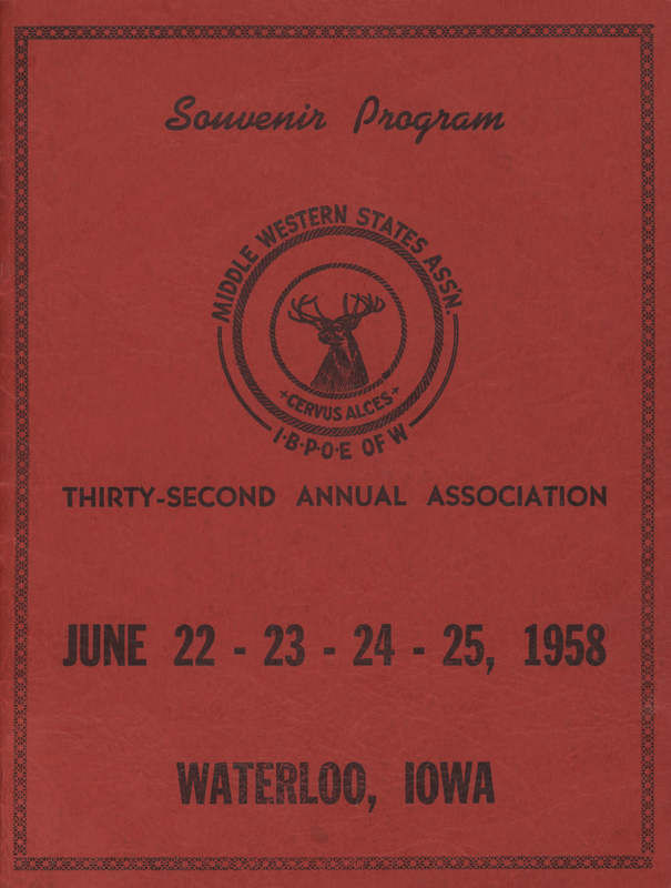 Paperbound printed pamphlet.  Red paper cover.  Printed in black ink.  20 pages.  Contains names of and photos of the officers of the Temples, Lodges, and ancillary bodies of the Middle Western States Association of the Improved Benevolent and Protective Order of Elks of the World (IBPOE of W).   
  
The Improved Benevolent and Protective Order of Elks of the World was founded in 1898 in response to the Benevolent and Protective Order of Elks (BPOE) prohibition on Black membership.
In 1958, the Cedar Valley Lodge No. 426 and Melrose Temple No. 277 were located at 603 Shilliam Avenue in Waterloo.
