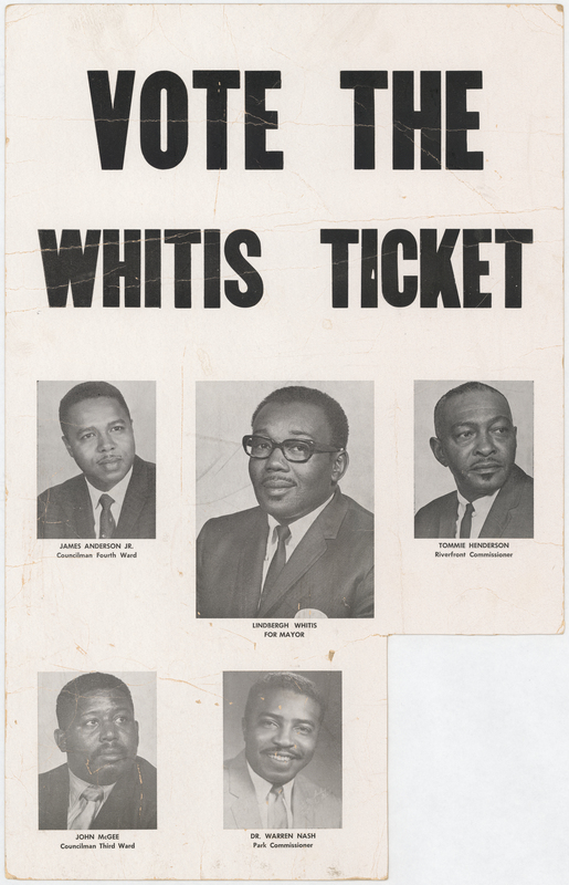 Printed in black ink on white-faced heavy cardstock.  Depicts candidates of the “Whitis Ticket” for the 1969 municipal election in Waterloo.  Image of Ada Tredwell, candidate for East Side Councilman at Large, has been cut out and is missing.  
Handwritten election returns in blue ballpoint pen, presumably made by a Whitis Ticket staffer on election night, 1969, at reverse.  

This was the first all-black municipal election ticket in Waterloo history.  No candidate won election.  Lindbergh Whitis placed third for mayor with 1,139 votes.  

Lindbergh Whitis – July 2, 1928 – February 29, 2000.  Mayoral candidate, employed by John Deere and Rath Packing Co.  He also owned many businesses, including Lindbergh Asphalt Co., a limousine service, a lawn care service, the Joy Motel and a bail/bond service.  

Ada Treadwell – October 22, 1916 – August 30, 2008.  East Side Councilman at large candidate, employed by Rath Packing Co., John Deere Tractor Works, African Palace, later named the Martin Luther King Jr. Center.  Founder of the Eastside Citizens Committee.

James Andrerson Jr – June 21, 1931 – June 7, 2008.  Councilman Fourth Ward candidate.  Employed by Rath Packing Co., Waterloo Greyhound Park.  Was a member of the Waterloo Human Rights Commission, NAACP Freedom Dinner fund chairman, Waterloo Low Housing Commission, and Family Service League.

Tommie Henderson – June 27, 1920 – December 13, 1975. Riverfront Commissioner candidate.  Employed by Rath Packing Co., served in the army during WWII.  Was a charter member of Knights of Phythias, president of the East Side Citizens Committee, and past Post Commander of VFW 9130.

John McGee – August 23, 1932 – February 19, 2001.  Councilman Third Ward candidate.  Served in the U. S. Army during the Korean War.  Employed by John Deere Waterloo Tractor Works.  

Dr. Warren Nash – December 28, 1923 – March 27, 1979.  Park Commissioner candidate.  Married Martha Nash.  Served in the Navy during WWII.  Began practicing medicine in Waterloo August 1954. Was the only black physician at the time.  Was a member of the Black Hawk County and Iowa Medical Societies.  Was on the staff at Allen Memorial Hospital and the courtesy staffs at both St. Francis and Schoitz Memorial hospitals.  President of the Black Hawk County Branch of the NAACP for six years – 1962-1968.  Was on the board of the Afro-American Community Broadcasting Corp.
