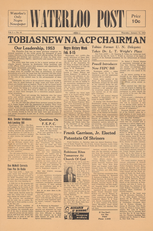 Black ink on white newsprint (6 pages)

From donor Jim Collison: 
“Billed as ‘Waterloo’s Only Negro Newspaper.’
I was not involved in the WATERLOO POST since I did not arrive in Waterloo until 1955.”