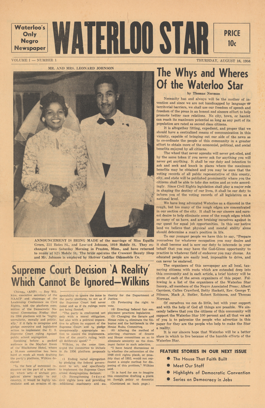 Black ink on white newsprint (6 pages)

From donor Jim Collison: 
“My involvement with the Waterloo Star was as a columnist.  I wrote the Smitty’s Punches column under the pen name Wellington Smith, because at the time I was employed as a staff writer for the Waterloo Courier.  If the editor or the publisher had known of my involvement with and advocacy of the “Negro cause” I would have been fired immediately.  The first column (in the September 13, 1956, issue) carried this Editor’s note: “The author, who wishes to remain anonymous, will use as his by-line names of two Negro friends he once worked with – Smith, respected for his honesty and courage; Wellington, equally courageous and honest, remembered for his friendly cheerfulness.
It seems the Waterloo Star ceased publication with the 12th issue, certainly sometime in early 1957.”
