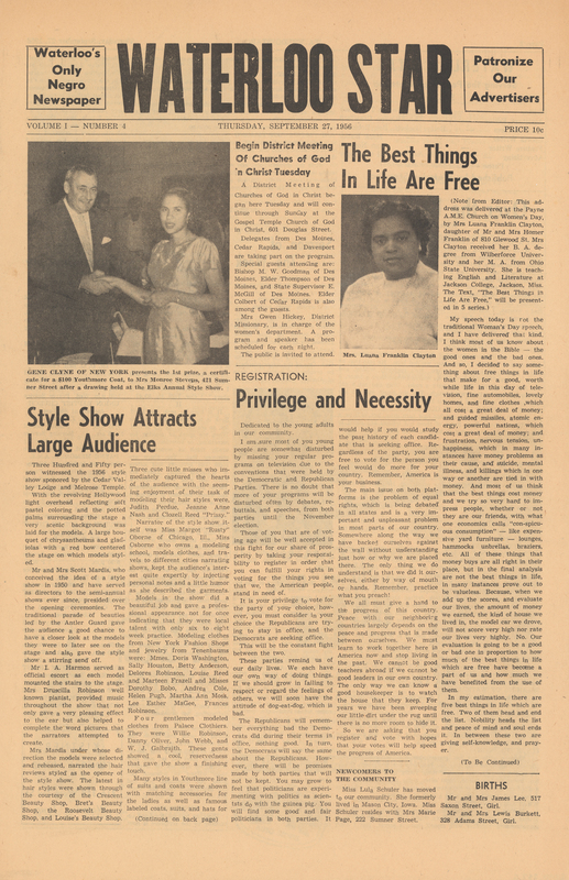 Black ink on white newsprint (6 pages)

From donor Jim Collison: 
“My involvement with the Waterloo Star was as a columnist.  I wrote the Smitty’s Punches column under the pen name Wellington Smith, because at the time I was employed as a staff writer for the Waterloo Courier.  If the editor or the publisher had known of my involvement with and advocacy of the “Negro cause” I would have been fired immediately.  The first column (in the September 13, 1956, issue) carried this Editor’s note: “The author, who wishes to remain anonymous, will use as his by-line names of two Negro friends he once worked with – Smith, respected for his honesty and courage; Wellington, equally courageous and honest, remembered for his friendly cheerfulness.
It seems the Waterloo Star ceased publication with the 12th issue, certainly sometime in early 1957.”
