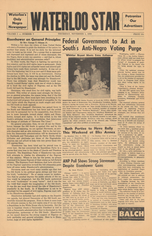 Black ink on white newsprint (6 pages)

From donor Jim Collison: 
“My involvement with the Waterloo Star was as a columnist.  I wrote the Smitty’s Punches column under the pen name Wellington Smith, because at the time I was employed as a staff writer for the Waterloo Courier.  If the editor or the publisher had known of my involvement with and advocacy of the “Negro cause” I would have been fired immediately.  The first column (in the September 13, 1956, issue) carried this Editor’s note: “The author, who wishes to remain anonymous, will use as his by-line names of two Negro friends he once worked with – Smith, respected for his honesty and courage; Wellington, equally courageous and honest, remembered for his friendly cheerfulness.
It seems the Waterloo Star ceased publication with the 12th issue, certainly sometime in early 1957.”