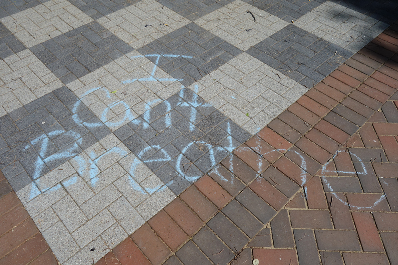 Digital image (5472 x 3648). Snapshot of chalk writing in blue on a walkway of red brick and grey pavers, “I Can’t Breathe.”  

Image taken on 6/4/2020 by Grout Museum District personnel. One of several such writings made in Waterloo’s Lincoln Park during the George Floyd Protest of 5/29/2020. Protest march began at Waterloo Veterans Memorial Hall and ended at Lincoln Park with speeches and declarations. Park was still under renovations when the protest was held.  Construction workers had to wash the chalk away before the paving could be sealed on 6/5/2020.
