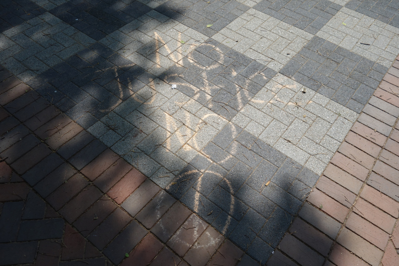 Digital image (5472 x 3648). Snapshot of chalk writing in orange on a walkway of red brick and grey pavers, “No Justice No [hand-drawn representation of the international peace symbol in orange chalk].”  

Image taken on 6/4/2020 by Grout Museum District personnel. One of several such writings made in Waterloo’s Lincoln Park during the George Floyd Protest of 5/29/2020. Protest march began at Waterloo Veterans Memorial Hall and ended at Lincoln Park with speeches and declarations. Park was still under renovations when the protest was held.  Construction workers had to wash the chalk away before the paving could be sealed on 6/5/2020.   
