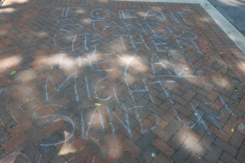 Digital image (5472 x 3648). Snapshot of chalk writing in blue on a red brick walkway, “IF ONE ANT STANDS UP, THEN THEY ALL MIGHT STAND UP!”  

Image taken on 6/4/2020 by Grout Museum District personnel. One of several such writings made in Waterloo’s Lincoln Park during the George Floyd Protest of 5/29/2020. Protest march began at Waterloo Veterans Memorial Hall and ended at Lincoln Park with speeches and declarations. Park was still under renovations when the protest was held.  Construction workers had to wash the chalk away before the paving could be sealed on 6/5/2020.   
