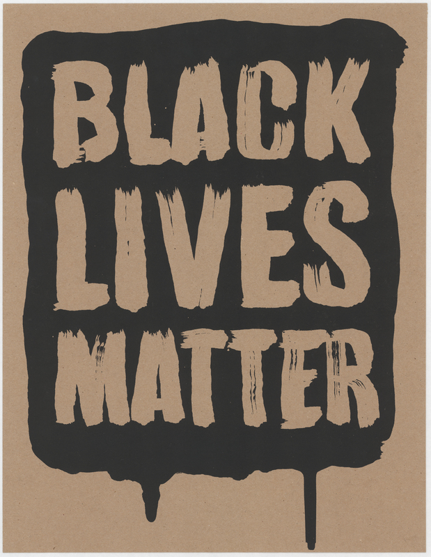 Cardboard sign. "BLACK LIVES MATTER" rendered as a negative inside a stylized puddle printed in black ink at anterior. “JUSTICE = EQUALITY” printed in black ink at posterior.   

Carried by protestor Gabby Greco at the “Silent Vigil in Solidarity with BLM” held in Overman Park in Cedar Falls, Iowa on 6/6/2020. 
