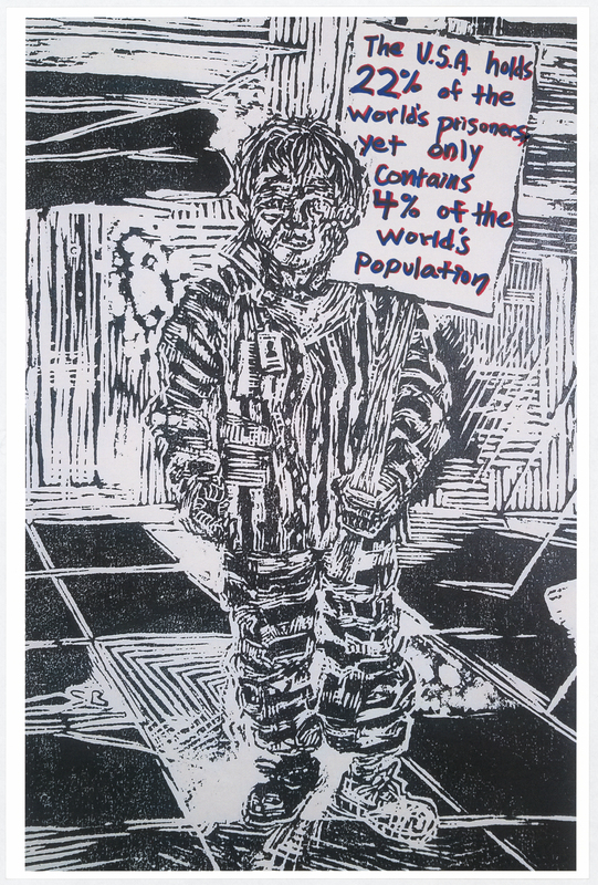 Wood cut print in black ink on white cardstock. Image at anterior depicts a prisoner holding a protest sign. “The U. S. A. Holds 22% of the World’s prisoners yet only Contains 4% of the World’s Population" handwritten in blue and red felt-tip marker. "BLACK LIVES MATTER" handwritten in black felt-tip marker at posterior.

Used at the May 29 march from Veterans Memorial Hall to Lincoln Park in Waterloo and at the June 6 “Silent Vigil in Solidarity with BLM” held in Overman Park in Cedar Falls.

Artist’s statement:  
"I handed out, between C.F. Vigil for Floyd and Waterloo march, roughly 150 posters.  Each poster is a woodcut print, made by myself, w/ a different handwritten message on each print to help inform the public about racial disparity/inequality in Iowa/America.  I was only able to track down 21 of the originals, as I handed out every print free to strangers and other people I do not have direct contact with at all.  The signs/prints (original art on the one side w/ BLACK LIVES MATTER wrote [sic] on the reverse side) were held by marchers/protestors, so they have come full circle from myself (the artist) to the people (protestors/citizens) then back to me, and lastly to you all at the Grout Museum for archival and historical purposes . . . very cool.
