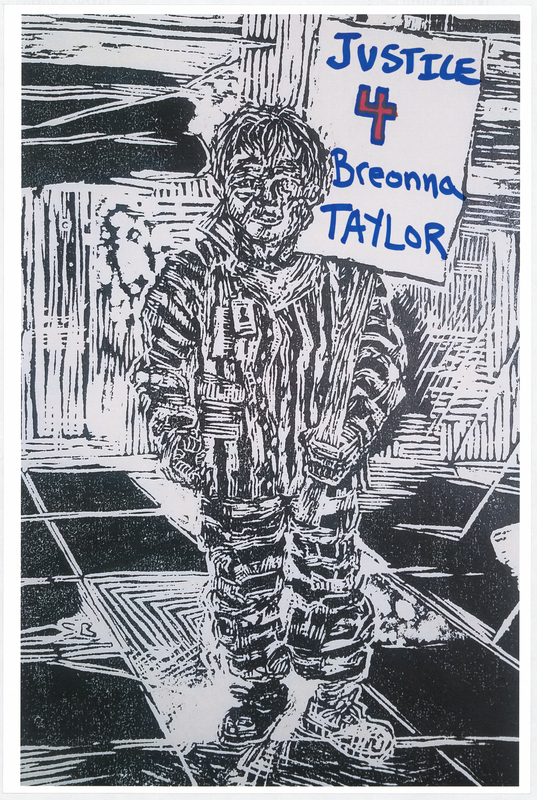 Wood cut print in black ink on white cardstock. Image at anterior depicts a prisoner holding a protest sign. “JUSTICE 4 Breonna TAYLOR" handwritten in red and blue felt-tip marker. "BLACK LIVES MATTER" handwritten in black felt-tip marker at posterior.

Used at the May 29 march from Veterans Memorial Hall to Lincoln Park in Waterloo and at the June 6 “Silent Vigil in Solidarity with BLM” held in Overman Park in Cedar Falls.

Artist’s statement:  
"I handed out, between C.F. Vigil for Floyd and Waterloo march, roughly 150 posters.  Each poster is a woodcut print, made by myself, w/ a different handwritten message on each print to help inform the public about racial disparity/inequality in Iowa/America.  I was only able to track down 21 of the originals, as I handed out every print free to strangers and other people I do not have direct contact with at all.  The signs/prints (original art on the one side w/ BLACK LIVES MATTER wrote [sic] on the reverse side) were held by marchers/protestors, so they have come full circle from myself (the artist) to the people (protestors/citizens) then back to me, and lastly to you all at the Grout Museum for archival and historical purposes . . . very cool." 
