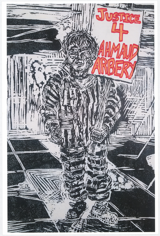Wood cut print in black ink on white cardstock. Image at anterior depicts a prisoner holding a protest sign. “JUSTICE 4 AHMAD ARBERY" handwritten in red and orange felt-tip marker. "BLACK LIVES MATTER" handwritten in black felt-tip marker at posterior.

Used at the May 29 march from Veterans Memorial Hall to Lincoln Park in Waterloo and at the June 6 “Silent Vigil in Solidarity with BLM” held in Overman Park in Cedar Falls.

Artist’s statement:  
"I handed out, between C.F. Vigil for Floyd and Waterloo march, roughly 150 posters.  Each poster is a woodcut print, made by myself, w/ a different handwritten message on each print to help inform the public about racial disparity/inequality in Iowa/America.  I was only able to track down 21 of the originals, as I handed out every print free to strangers and other people I do not have direct contact with at all.  The signs/prints (original art on the one side w/ BLACK LIVES MATTER wrote [sic] on the reverse side) were held by marchers/protestors, so they have come full circle from myself (the artist) to the people (protestors/citizens) then back to me, and lastly to you all at the Grout Museum for archival and historical purposes . . . very cool."