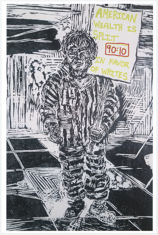 Wood cut print in black ink on white cardstock. Image at anterior depicts a prisoner holding a protest sign. “AMERICAN WEALTH IS SPLIT 90:10 IN FAVOR OF WHITES" handwritten in green and red felt-tip marker. "BLACK LIVES MATTER" handwritten in black felt-tip marker at posterior.

Used at the May 29 march from Veterans Memorial Hall to Lincoln Park in Waterloo and at the June 6 “Silent Vigil in Solidarity with BLM” held in Overman Park in Cedar Falls.

Artist’s statement:  
"I handed out, between C.F. Vigil for Floyd and Waterloo march, roughly 150 posters.  Each poster is a woodcut print, made by myself, w/ a different handwritten message on each print to help inform the public about racial disparity/inequality in Iowa/America.  I was only able to track down 21 of the originals, as I handed out every print free to strangers and other people I do not have direct contact with at all.  The signs/prints (original art on the one side w/ BLACK LIVES MATTER wrote [sic] on the reverse side) were held by marchers/protestors, so they have come full circle from myself (the artist) to the people (protestors/citizens) then back to me, and lastly to you all at the Grout Museum for archival and historical purposes . . . very cool."
