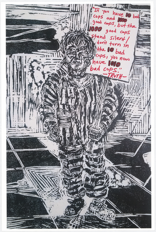 Wood cut print in black ink on white cardstock. Image at anterior depicts a prisoner holding a protest sign. “‘If you have 10 bad cops and 1000 good cops, but the 1000 good cops stand silent/don’t turn in the 10 bad cops, you now have 1010 bad cops.’ —TRUTH—" handwritten in red and black felt-tip marker. "BLACK LIVES MATTER" handwritten in black felt-tip marker at posterior.

Used at the May 29 march from Veterans Memorial Hall to Lincoln Park in Waterloo and at the June 6 “Silent Vigil in Solidarity with BLM” held in Overman Park in Cedar Falls.

Artist’s statement:  
"I handed out, between C.F. Vigil for Floyd and Waterloo march, roughly 150 posters.  Each poster is a woodcut print, made by myself, w/ a different handwritten message on each print to help inform the public about racial disparity/inequality in Iowa/America.  I was only able to track down 21 of the originals, as I handed out every print free to strangers and other people I do not have direct contact with at all.  The signs/prints (original art on the one side w/ BLACK LIVES MATTER wrote [sic] on the reverse side) were held by marchers/protestors, so they have come full circle from myself (the artist) to the people (protestors/citizens) then back to me, and lastly to you all at the Grout Museum for archival and historical purposes . . . very cool."
