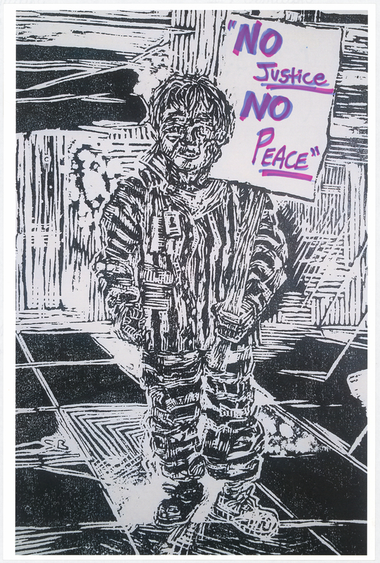 Wood cut print in black ink on white cardstock. Image at anterior depicts a prisoner holding a protest sign. “NO Justice NO PEACE" handwritten in pink and violet felt-tip marker. "BLACK LIVES MATTER" handwritten in black felt-tip marker at posterior.

Used at the May 29 march from Veterans Memorial Hall to Lincoln Park in Waterloo and at the June 6 “Silent Vigil in Solidarity with BLM” held in Overman Park in Cedar Falls.

Artist’s statement:  
"I handed out, between C.F. Vigil for Floyd and Waterloo march, roughly 150 posters.  Each poster is a woodcut print, made by myself, w/ a different handwritten message on each print to help inform the public about racial disparity/inequality in Iowa/America.  I was only able to track down 21 of the originals, as I handed out every print free to strangers and other people I do not have direct contact with at all.  The signs/prints (original art on the one side w/ BLACK LIVES MATTER wrote [sic] on the reverse side) were held by marchers/protestors, so they have come full circle from myself (the artist) to the people (protestors/citizens) then back to me, and lastly to you all at the Grout Museum for archival and historical purposes . . . very cool." 
