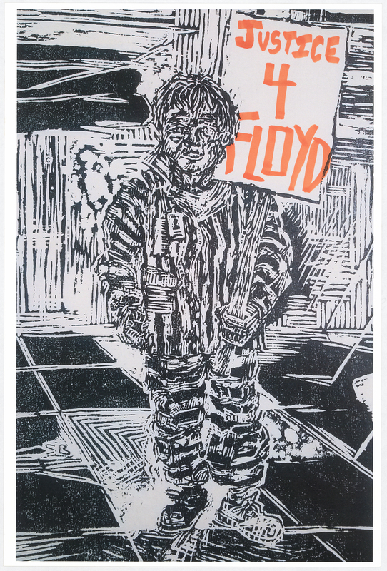 Wood cut print in black ink on white cardstock. Image at anterior depicts a prisoner holding a protest sign. “JUSTICE 4 FLOYD" handwritten in orange felt-tip marker. "BLACK LIVES MATTER" handwritten in black felt-tip marker at posterior.

Used at the May 29 march from Veterans Memorial Hall to Lincoln Park in Waterloo and at the June 6 “Silent Vigil in Solidarity with BLM” held in Overman Park in Cedar Falls.

Artist’s statement:  
"I handed out, between C.F. Vigil for Floyd and Waterloo march, roughly 150 posters.  Each poster is a woodcut print, made by myself, w/ a different handwritten message on each print to help inform the public about racial disparity/inequality in Iowa/America.  I was only able to track down 21 of the originals, as I handed out every print free to strangers and other people I do not have direct contact with at all.  The signs/prints (original art on the one side w/ BLACK LIVES MATTER wrote [sic] on the reverse side) were held by marchers/protestors, so they have come full circle from myself (the artist) to the people (protestors/citizens) then back to me, and lastly to you all at the Grout Museum for archival and historical purposes . . . very cool."
