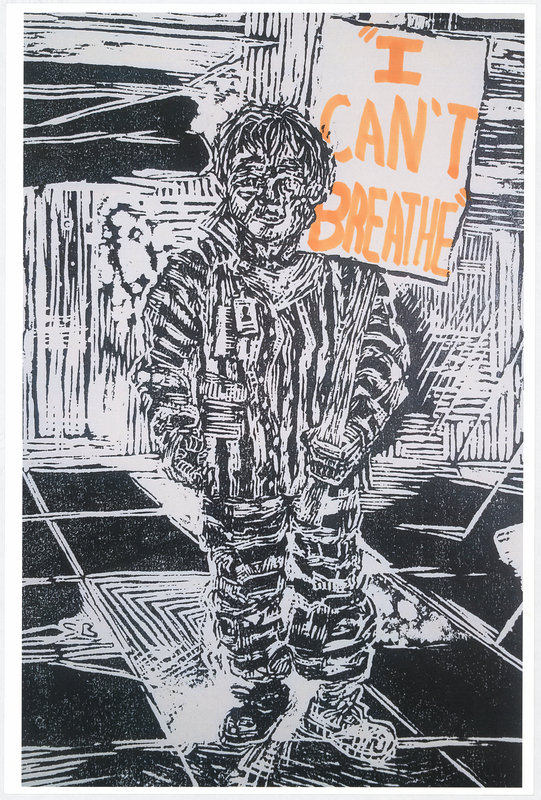 Wood cut print in black ink on white cardstock. Image at anterior depicts a prisoner holding a protest sign. “‘BLACK LIVES MATTER’" handwritten in orange felt-tip marker. "BLACK LIVES MATTER" handwritten in black felt-tip marker at posterior.

Used at the May 29 march from Veterans Memorial Hall to Lincoln Park in Waterloo and at the June 6 “Silent Vigil in Solidarity with BLM” held in Overman Park in Cedar Falls.

Artist’s statement:  
"I handed out, between C.F. Vigil for Floyd and Waterloo march, roughly 150 posters.  Each poster is a woodcut print, made by myself, w/ a different handwritten message on each print to help inform the public about racial disparity/inequality in Iowa/America.  I was only able to track down 21 of the originals, as I handed out every print free to strangers and other people I do not have direct contact with at all.  The signs/prints (original art on the one side w/ BLACK LIVES MATTER wrote [sic] on the reverse side) were held by marchers/protestors, so they have come full circle from myself (the artist) to the people (protestors/citizens) then back to me, and lastly to you all at the Grout Museum for archival and historical purposes . . . very cool."
