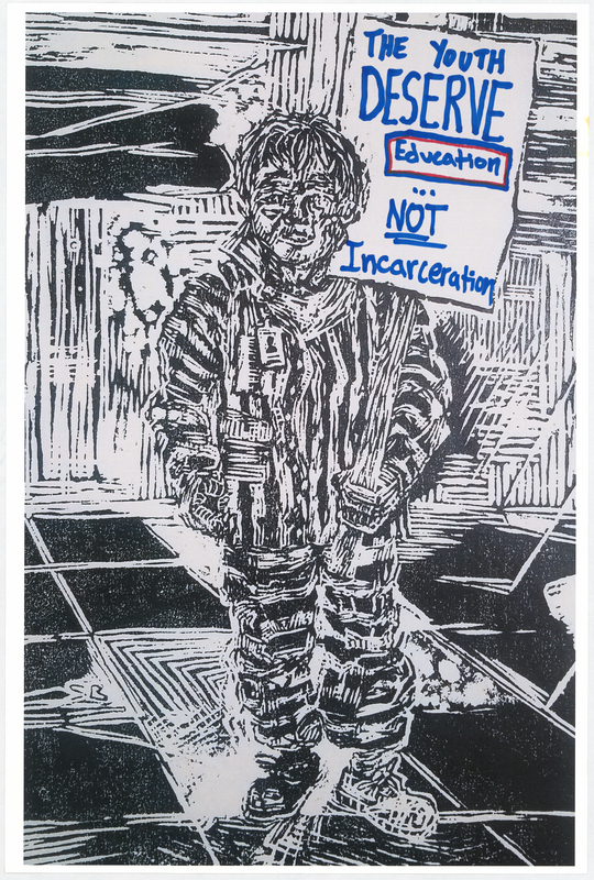 Wood cut print in black ink on white cardstock. Image at anterior depicts a prisoner holding a protest sign. “THE YOUTH DESERVE EDUCATION . . . NOT Incarceration" handwritten in blue and red felt-tip marker. "BLACK LIVES MATTER" handwritten in black felt-tip marker at posterior.

Used at the May 29 march from Veterans Memorial Hall to Lincoln Park in Waterloo and at the June 6 “Silent Vigil in Solidarity with BLM” held in Overman Park in Cedar Falls.

Artist’s statement:  
"I handed out, between C.F. Vigil for Floyd and Waterloo march, roughly 150 posters.  Each poster is a woodcut print, made by myself, w/ a different handwritten message on each print to help inform the public about racial disparity/inequality in Iowa/America.  I was only able to track down 21 of the originals, as I handed out every print free to strangers and other people I do not have direct contact with at all.  The signs/prints (original art on the one side w/ BLACK LIVES MATTER wrote [sic] on the reverse side) were held by marchers/protestors, so they have come full circle from myself (the artist) to the people (protestors/citizens) then back to me, and lastly to you all at the Grout Museum for archival and historical purposes . . . very cool."
