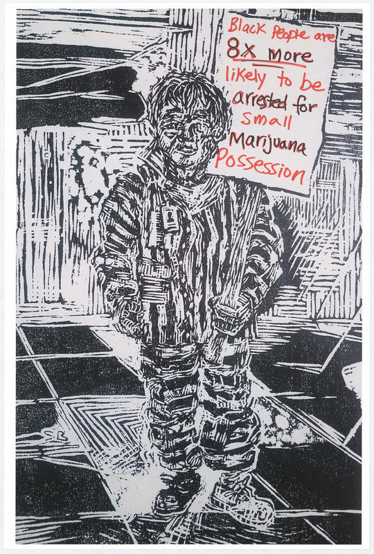 Wood cut print in black ink on white cardstock. Image at anterior depicts a prisoner holding a protest sign. “Black People are 8X More likely to be arrested for small Marijuana Possession” handwritten in red and black felt-tip marker. "BLACK LIVES MATTER" handwritten in blue felt-tip marker at posterior.

Used at the May 29 march from Veterans Memorial Hall to Lincoln Park in Waterloo and at the June 6 “Silent Vigil in Solidarity with BLM” held in Overman Park in Cedar Falls.

Artist’s statement:  
"I handed out, between C.F. Vigil for Floyd and Waterloo march, roughly 150 posters.  Each poster is a woodcut print, made by myself, w/ a different handwritten message on each print to help inform the public about racial disparity/inequality in Iowa/America.  I was only able to track down 21 of the originals, as I handed out every print free to strangers and other people I do not have direct contact with at all.  The signs/prints (original art on the one side w/ BLACK LIVES MATTER wrote [sic] on the reverse side) were held by marchers/protestors, so they have come full circle from myself (the artist) to the people (protestors/citizens) then back to me, and lastly to you all at the Grout Museum for archival and historical purposes . . . very cool."