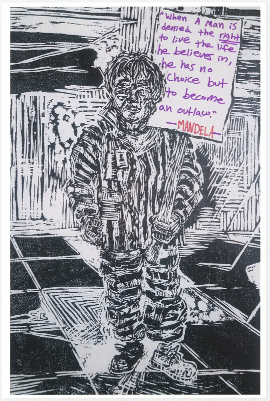 Wood cut print in black ink on white cardstock. Image at anterior depicts a prisoner holding a protest sign. “‘When A Man is denied the right to live the life he believes in, he has no choice but to become an outlaw.’ —MANDELA—” handwritten in purple and red felt-tip marker. "BLACK LIVES MATTER" handwritten in black felt-tip marker at posterior.

Used at the May 29 march from Veterans Memorial Hall to Lincoln Park in Waterloo and at the June 6 “Silent Vigil in Solidarity with BLM” held in Overman Park in Cedar Falls.

Artist’s statement:  
"I handed out, between C.F. Vigil for Floyd and Waterloo march, roughly 150 posters.  Each poster is a woodcut print, made by myself, w/ a different handwritten message on each print to help inform the public about racial disparity/inequality in Iowa/America.  I was only able to track down 21 of the originals, as I handed out every print free to strangers and other people I do not have direct contact with at all.  The signs/prints (original art on the one side w/ BLACK LIVES MATTER wrote [sic] on the reverse side) were held by marchers/protestors, so they have come full circle from myself (the artist) to the people (protestors/citizens) then back to me, and lastly to you all at the Grout Museum for archival and historical purposes . . . very cool."