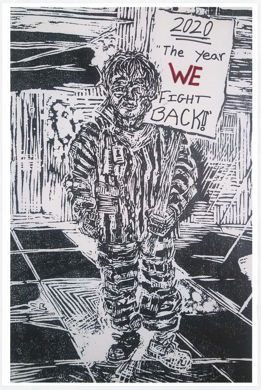 Wood cut print in black ink on white cardstock. Image at anterior depicts a prisoner holding a protest sign. “2020 ‘The Year WE FIGHT BACK!’” handwritten in black and red felt-tip marker. "BLACK LIVES MATTER" handwritten in blue and black felt-tip marker at posterior.

Used at the May 29 march from Veterans Memorial Hall to Lincoln Park in Waterloo and at the June 6 “Silent Vigil in Solidarity with BLM” held in Overman Park in Cedar Falls.

Artist’s statement:  
"I handed out, between C.F. Vigil for Floyd and Waterloo march, roughly 150 posters.  Each poster is a woodcut print, made by myself, w/ a different handwritten message on each print to help inform the public about racial disparity/inequality in Iowa/America.  I was only able to track down 21 of the originals, as I handed out every print free to strangers and other people I do not have direct contact with at all.  The signs/prints (original art on the one side w/ BLACK LIVES MATTER wrote [sic] on the reverse side) were held by marchers/protestors, so they have come full circle from myself (the artist) to the people (protestors/citizens) then back to me, and lastly to you all at the Grout Museum for archival and historical purposes . . . very cool."