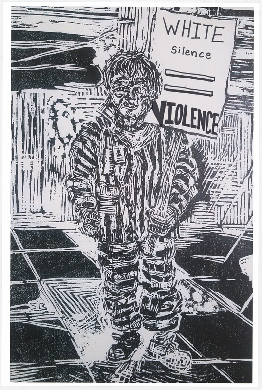 Wood cut print in black ink on white cardstock. Image at anterior depicts a prisoner holding a protest sign. “WHITE Silence = VIOLENCE” handwritten in black felt-tip marker. "BLACK LIVES MATTER" handwritten in blue felt-tip marker at posterior.

Used at the May 29 march from Veterans Memorial Hall to Lincoln Park in Waterloo and at the June 6 “Silent Vigil in Solidarity with BLM” held in Overman Park in Cedar Falls.

Artist’s statement:  
"I handed out, between C.F. Vigil for Floyd and Waterloo march, roughly 150 posters.  Each poster is a woodcut print, made by myself, w/ a different handwritten message on each print to help inform the public about racial disparity/inequality in Iowa/America.  I was only able to track down 21 of the originals, as I handed out every print free to strangers and other people I do not have direct contact with at all.  The signs/prints (original art on the one side w/ BLACK LIVES MATTER wrote [sic] on the reverse side) were held by marchers/protestors, so they have come full circle from myself (the artist) to the people (protestors/citizens) then back to me, and lastly to you all at the Grout Museum for archival and historical purposes . . . very cool.