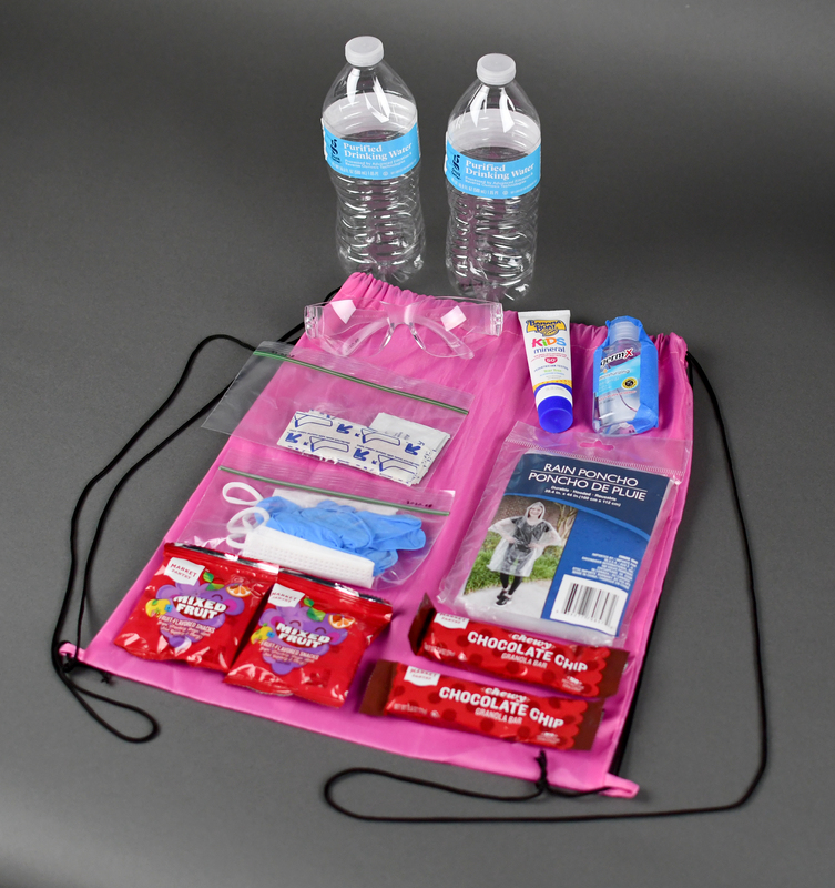 Drawstring backpack of pink nylon. Machine-stitched. Nylon cord makes shoulder straps and cinch closure. Backpack contains:

One pair safety glasses.
One Ziplock bag containing one pair nitrile gloves and one covid mask.
One Ziplock bag containing five band-aids and five prepackaged alcohol wipes.
Two bottled waters. 
Two chocolate chip granola bars.  
Two bags of mixed fruit gummi snacks.
One prepackaged rain poncho.
One bottle hand sanitizer. 
One tube sunscreen.  

Made and distributed to protestors by Organizer Joyce Levingston during the August 31 George Floyd Protest at Hawkeye Community College. Levingston borrowed the idea of protest kits from earlier protests in Ames and Des Moines. Levingston herself organized (with others) the May 29 march from Veterans Memorial Hall to Lincoln Park in Waterloo and the August 31 Hawkeye Community College Protest. 

From donor Joyce Levingston:
“When I heard George Floyd call out to his momma knowing he was going to lose his life, my heart shattered. It was at that moment that I knew in my lifetime I had seen this happen too much to my own. After hearing about Breonna Taylor and seeing what happened to George Floyd and many others in my lifetime I looked at my three daughters and my son and decided we need to come together in our community for all of our voices to be heard and mourn together for once instead of us carrying the weight on our own.  Rest in peace Breonna Taylor and rest in peace George Floyd.”