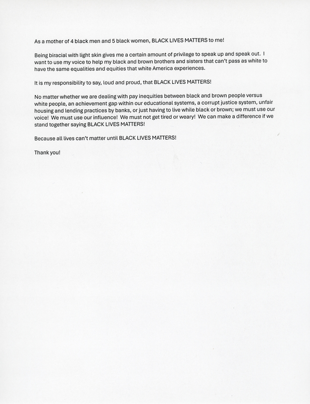 Printed speech (1 page) made by protestor Sarah Lytle Lee at George Floyd protest held at Hawkeye Community College in Waterloo on August 31, 2020. 
 
 
 
 The August 31 protest at Hawkeye Community College began with speeches outside the Brock Student Center, followed by a march around the perimeter of the green space at the center of campus, and concluded with more speeches at the Brock Student Center.