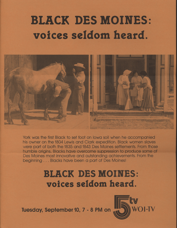 Brochure for the TV program "Black Des Moines: voices seldom heard".