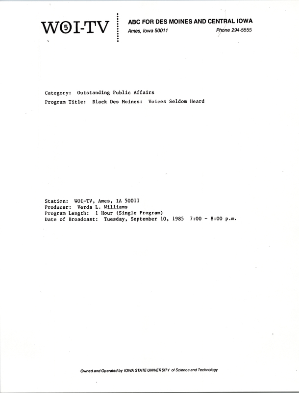 Document entering the program "Black Des Moines: Voices Seldom Heard" into the 1985 Annual Bradcast News Competition.