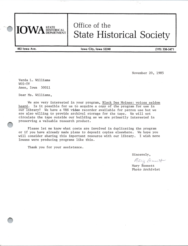 Letter to Verda L. Williams from Mary Bennett asking to acquire a copy of "Black Des Moines: Voices Seldom Heard" for Iowa State Historical Department.