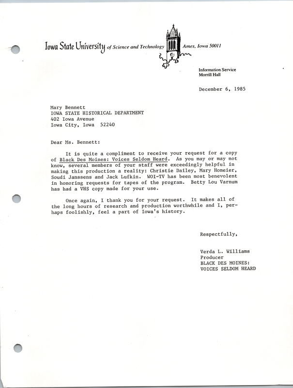 Letter to Mary Bennett from Verda L. Williams, giving a VHS copy of "Black Des Moines: Voices Seldom Heard" to the Iowa State Historical Department.