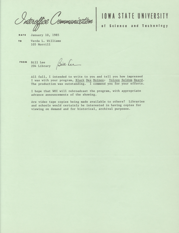 Letter to Verda L. Williams from Bill Lee inquring about availability of copies of "Black Des Moines: Voices Seldom Heard".