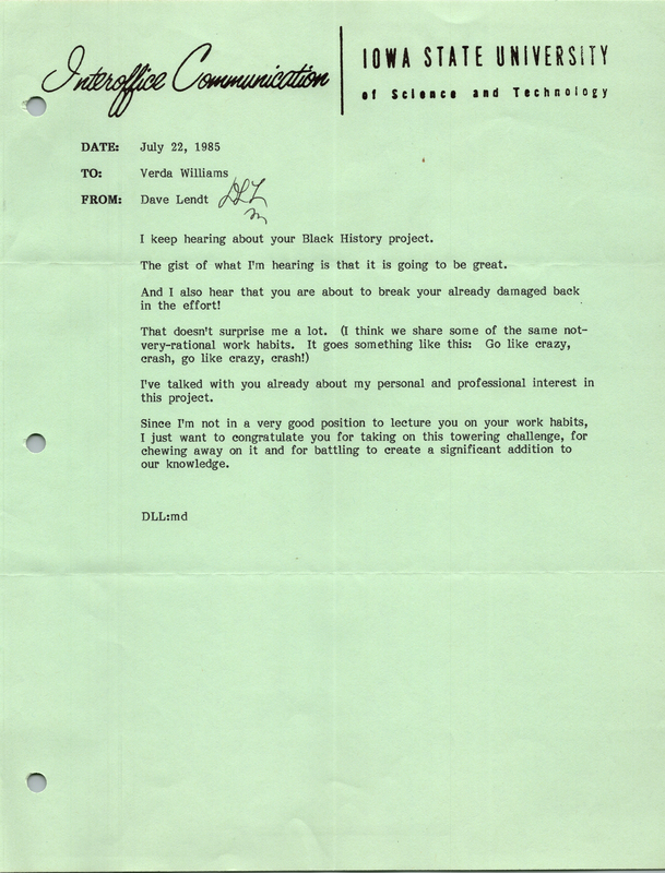 Letter addressed to Verda L. Williams from Dave Lendt congratulating her on the Black History project.