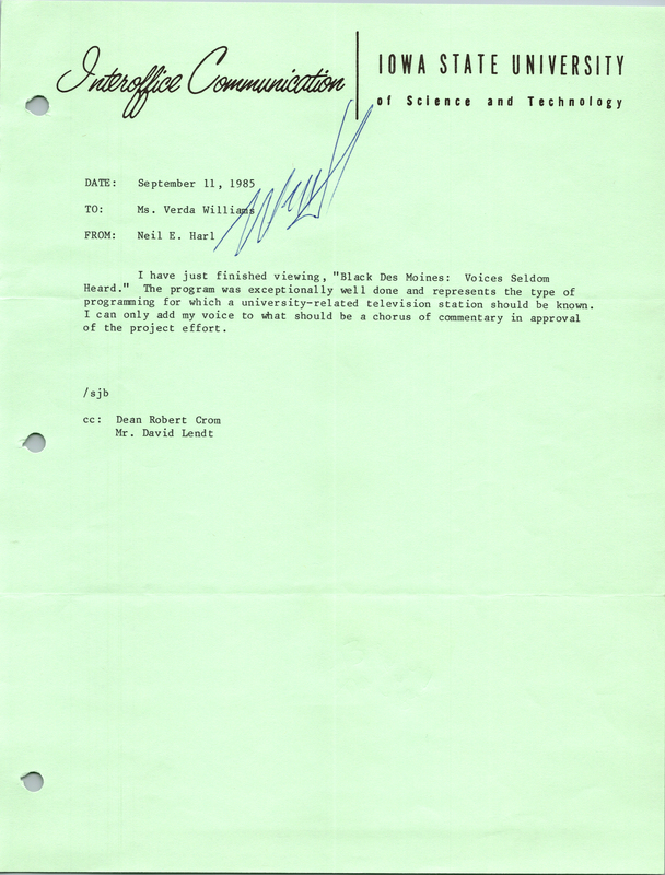 Letter addressed to Verda L. Williams from Neil E. Harl about "Black Des Moines: Voices Seldom Heard".